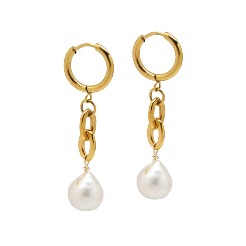 Gold Chain Dangling Drop Pearl Earrings