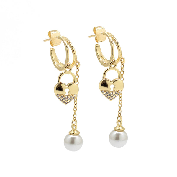 Heartlock & Pearl Dangling Earrings
